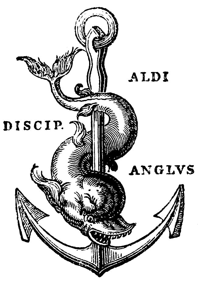 Black-and-white woodcut showing a dolphin wrapped around a vertical anchor shaft, with the Latin words ‘Aldi,’ ‘Discip.,’ and ‘Anglvs’ arranged around the image.