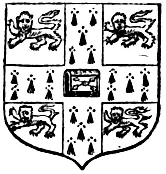 Black-and-white woodcut colophon showing a heraldic shield divided into four quarters with rampant lions, separated by vertical panels of ermine spots; a small rectangular cartouche sits at the center.