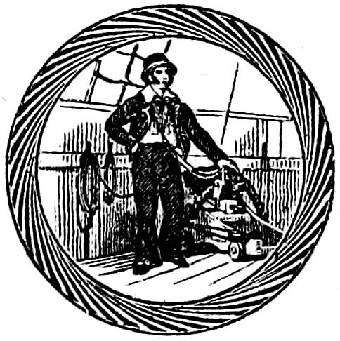 Ornamental illustration of sailor posing next to gun