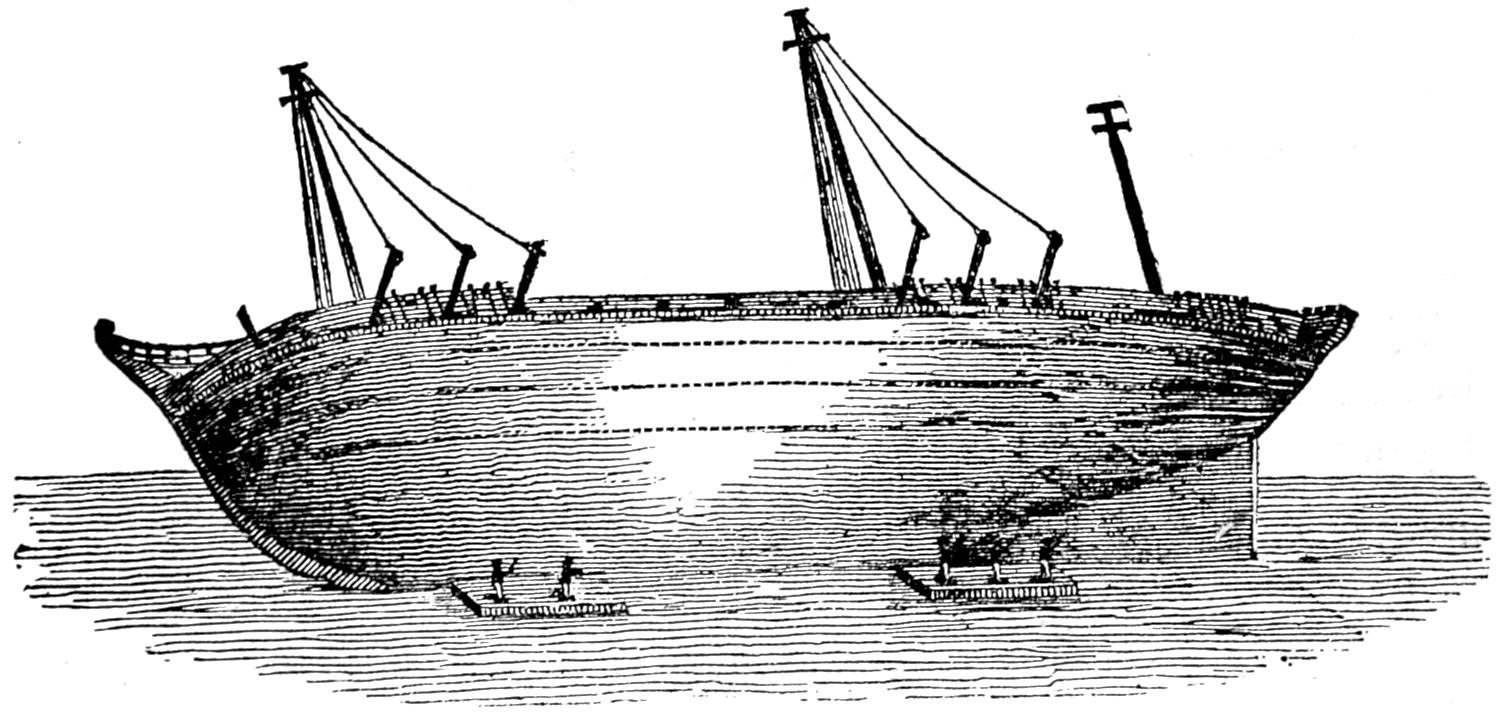 Men on rafts working on hove-down vessel