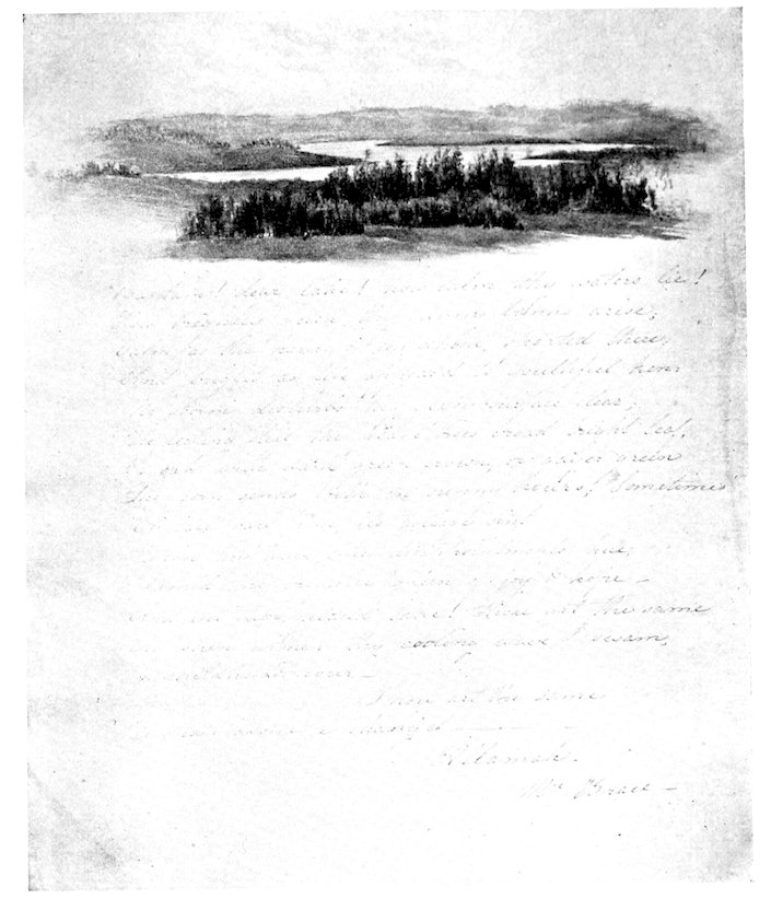 Manuscript page with faint handwritten text and a pencil landscape sketch at the top showing a wooded island or shoreline surrounded by water, with distant hills in the background.