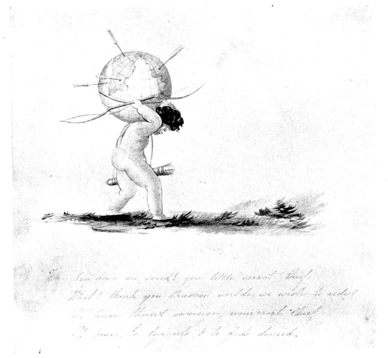 Manuscript page with faint handwritten text and a pencil illustration of a nude human figure walking while carrying a large globe on its shoulders, shown in profile against a plain background.