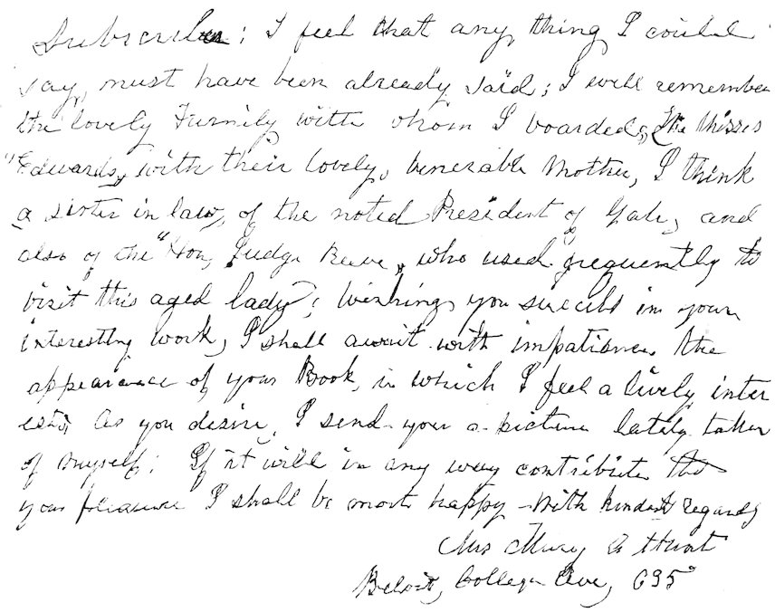 Four-page handwritten letter dated February 14, 1882, written in cursive ink, discussing personal history, family connections, schooling in Litchfield, and memories of the Litchfield Female Academy.