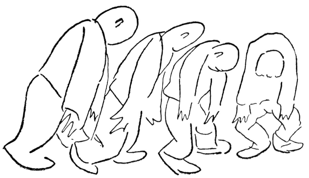 Sketch of four men, with downcast posture, in a line.