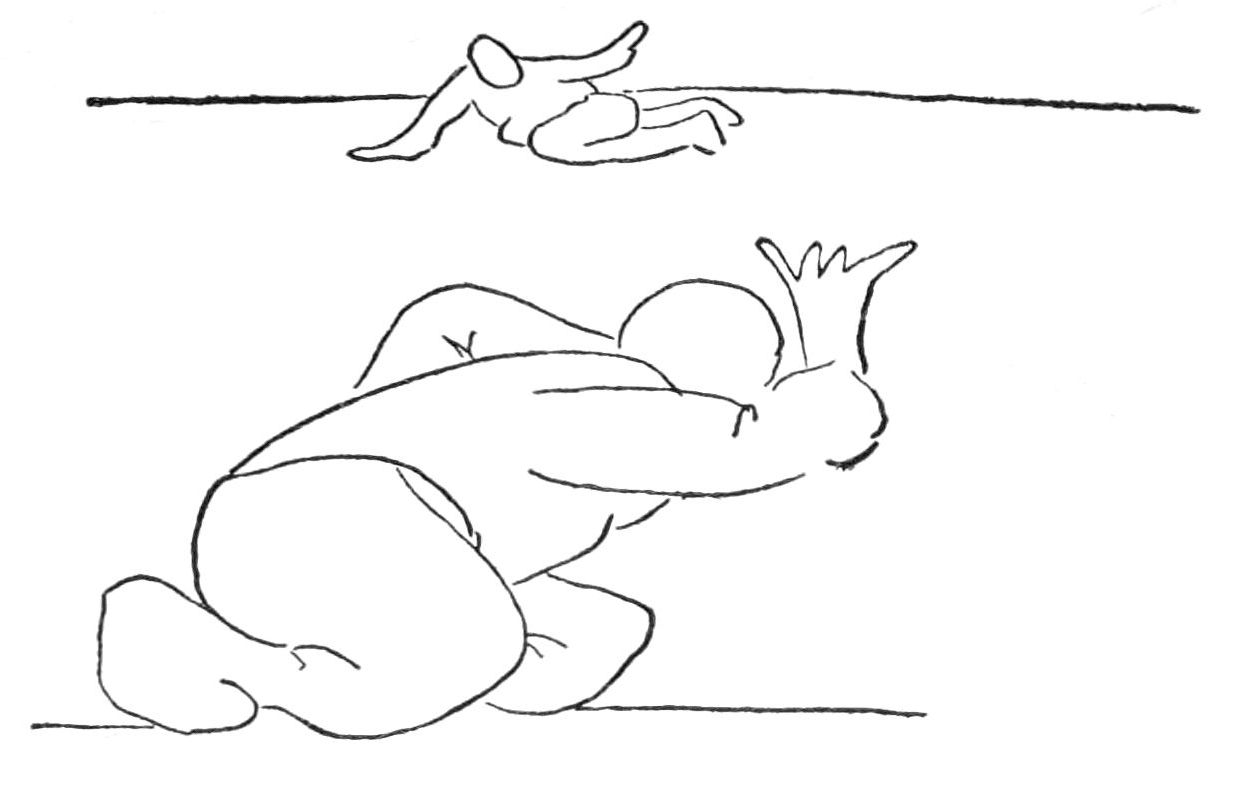 Sketch of two men crawling in opposite directions, waving to each other.