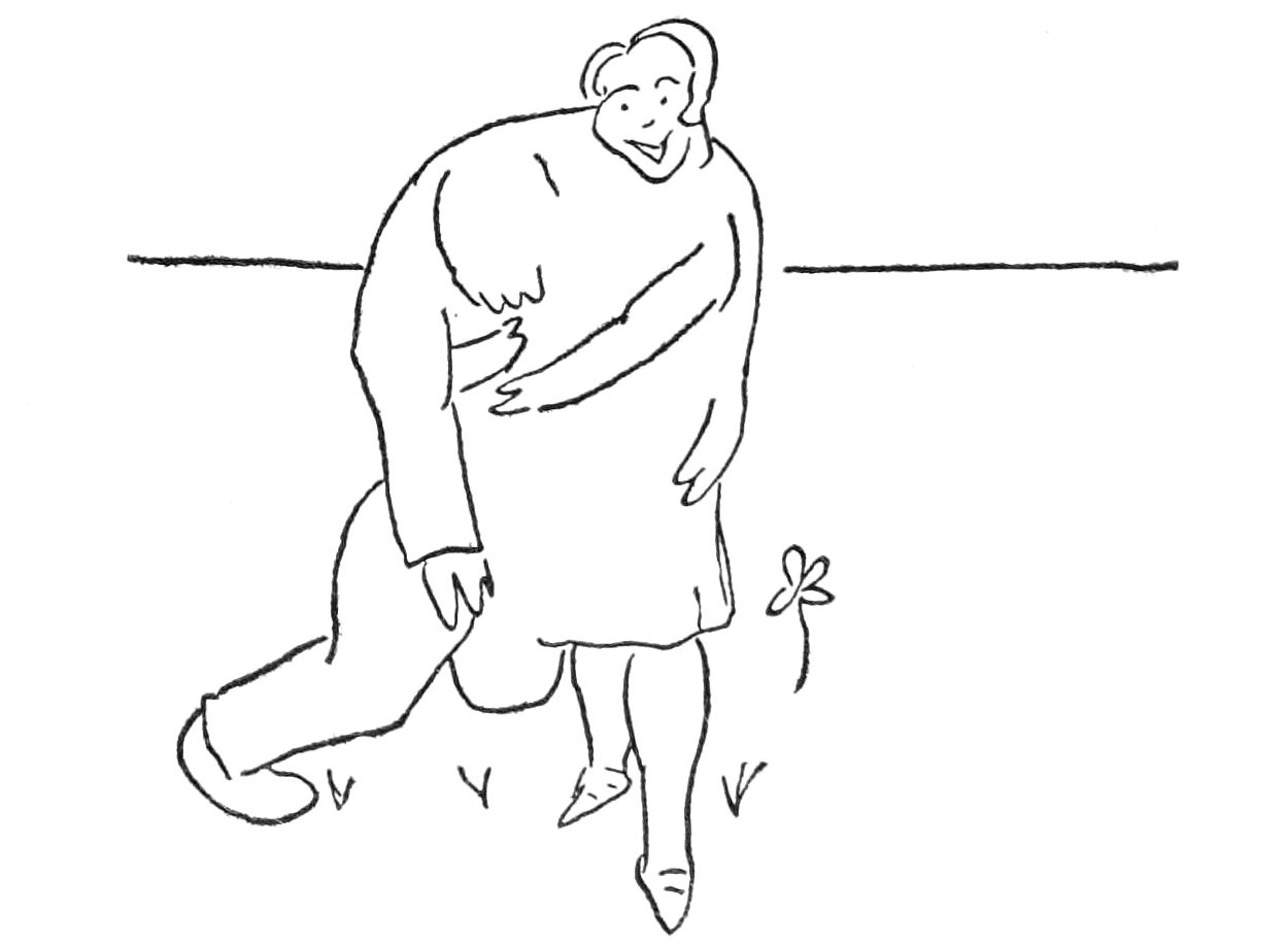 Sketch of man and woman embracing in a field with flowers.