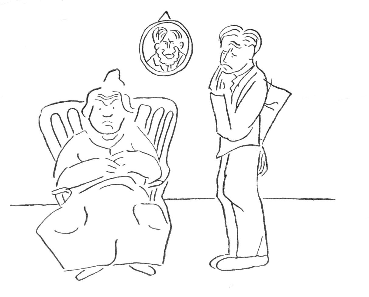 Sketch of woman seated in chair, man stands looking at her in consideration.