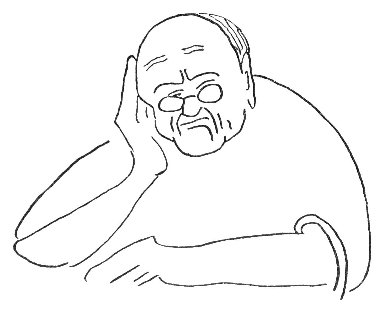 Sketch of man holding his head in one hand, looking forward.