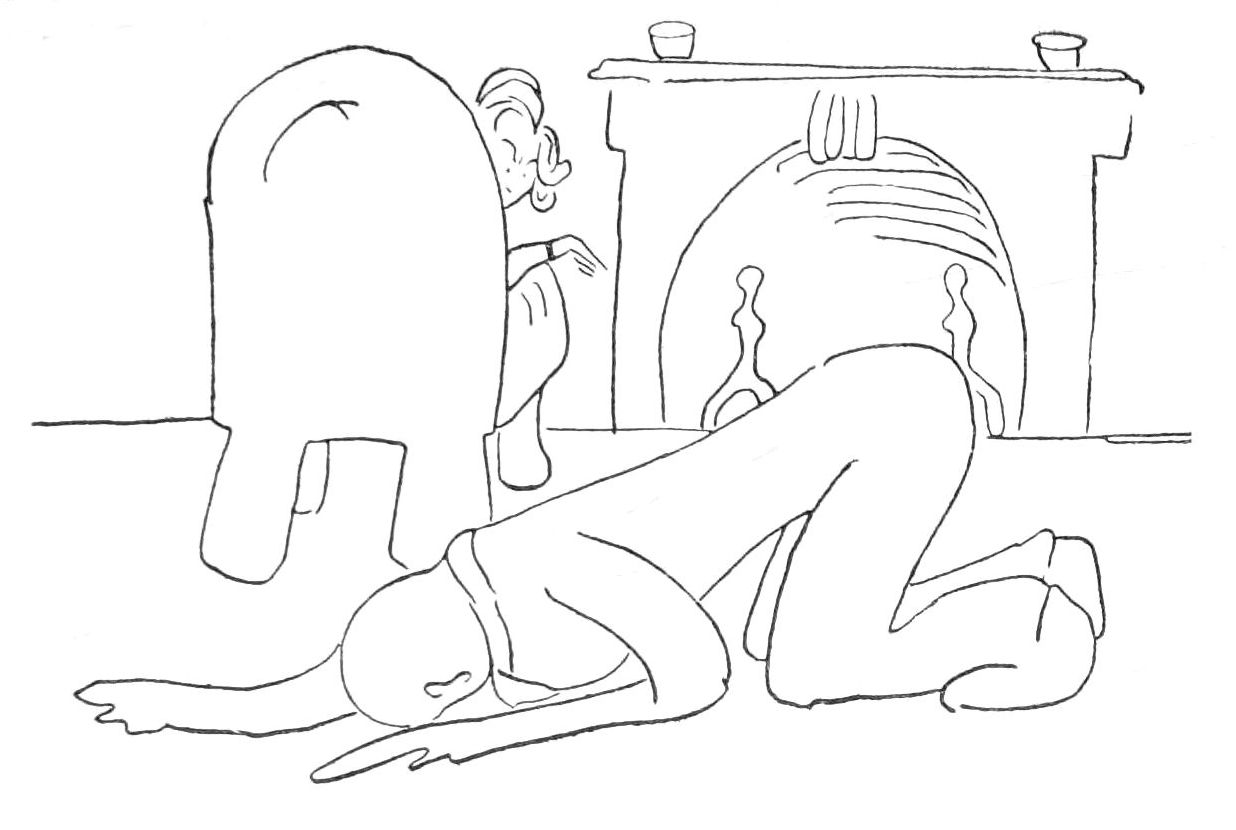 Sketch of woman seated in front of fireplace, on the floor behind her a man is crawling on the floor. She is looking over her shoulder at him.