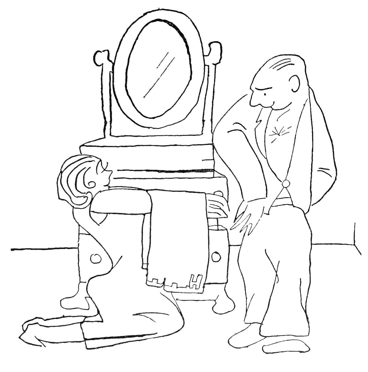 Sketch of man and woman in front of dresser.
Woman is kneeling with a towel on her outstreched arm.