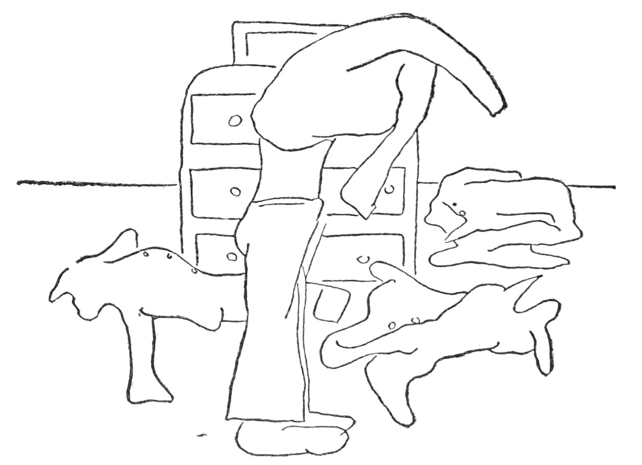 Sktech of man changing clothes in front of a dresser.