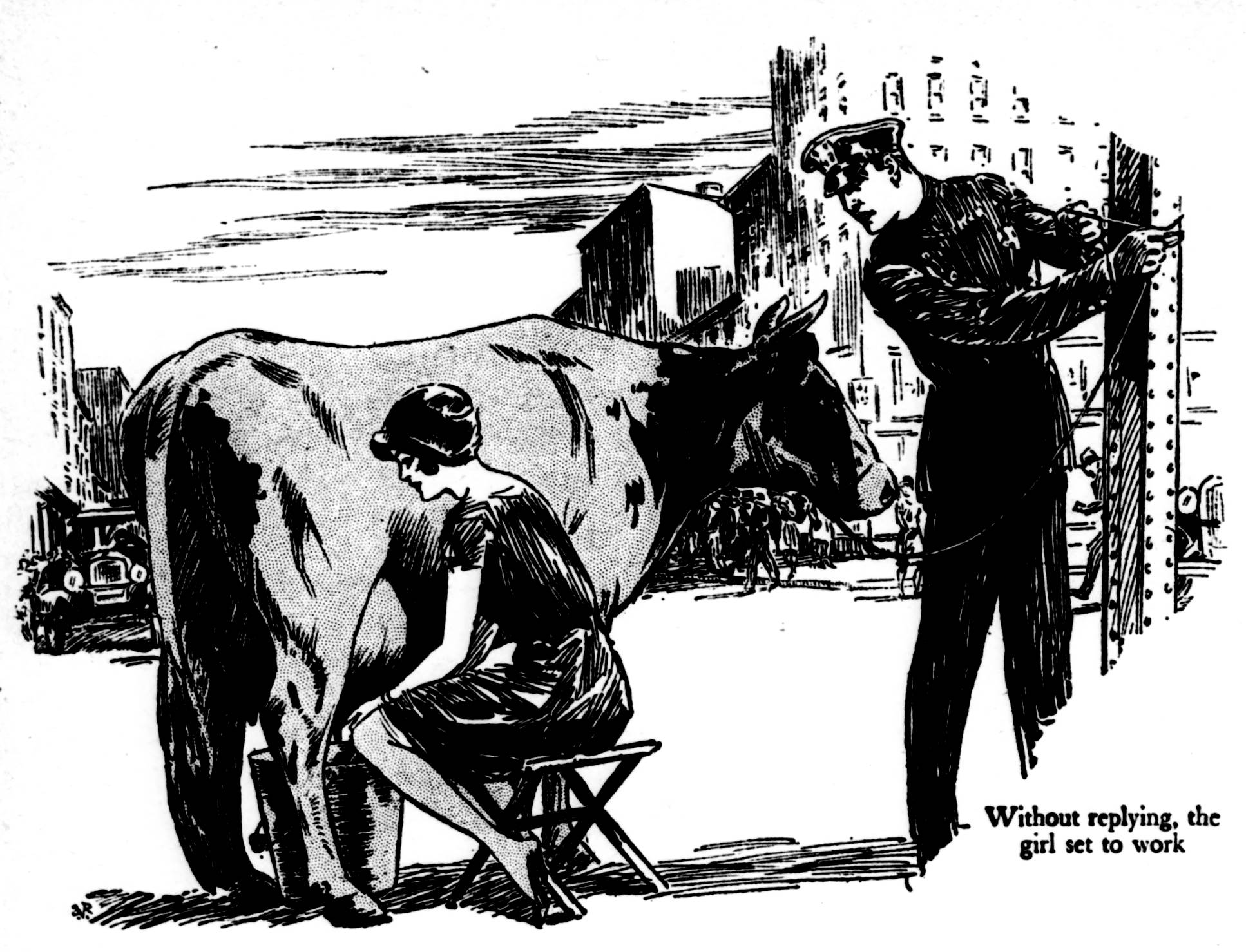 Girl milking a cow in a busy intersection