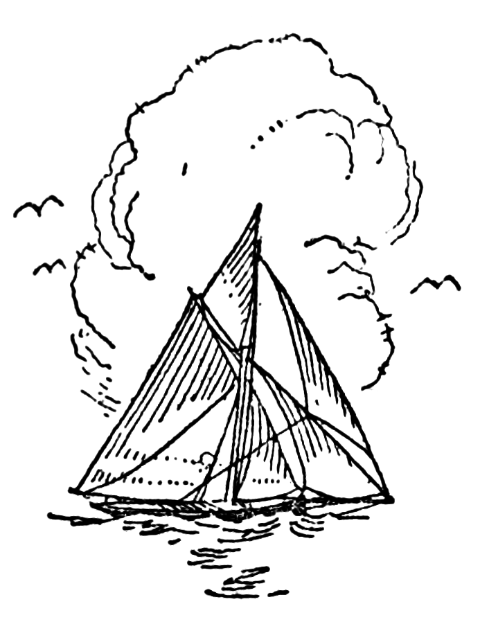 Line drawing of a small sailboat viewed from the side, with all the sails fully out.