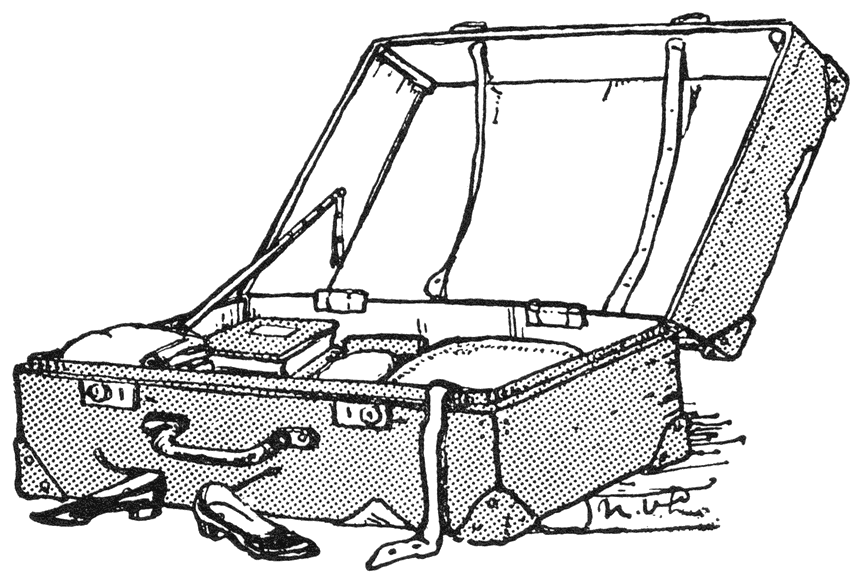 Geopende koffer met kleding en schoenen.