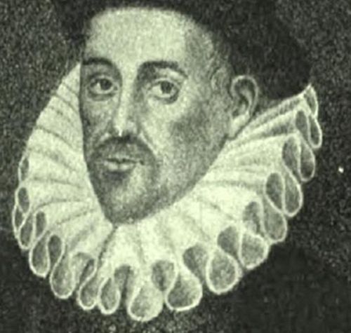 A
black-and-white engraved portrait of a man from an earlier era, shown
from the shoulders up. He has short hair, a thin mustache, and a
small beard. He wears a large, ruffled collar, with a calm, direct
expression.