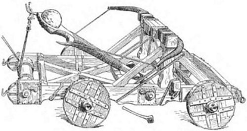 A vintage
engraving of a catapult (or ballista) — a wheeled wooden siege engine
with a curved throwing arm and a projectile, used in ancient and
medieval warfare.