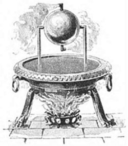 A vintage
engraving of Hero's aeolipile — an ancient steam-powered reaction
turbine: a metal sphere mounted on a cauldron of boiling water,
spinning from jets of escaping steam. The earliest known steam engine.