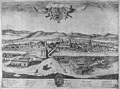 A vintage
engraving of a panoramic city view labelled CORDVA (Córdoba, Spain),
with a banner, coat of arms, mountains behind, and a key listing
landmarks below — likely from a 16th or 17th-century atlas such as
Braun & Hogenberg's Civitates Orbis Terrarum.