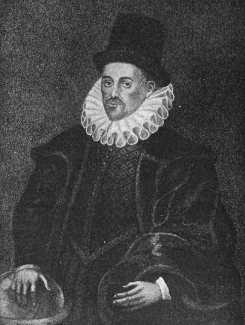 A
black-and-white engraved portrait of a man from an earlier era, shown
from the shoulders up. He has short hair, a thin mustache, and a
small beard. He wears a large, ruffled collar, with a calm, direct
expression.