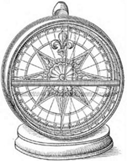 A vintage
engraving of an ornate compass mounted on a decorative pedestal, with
a detailed rose and fleur-de-lis marking North — a fine scientific or
navigational instrument of the 16th or 17th century.