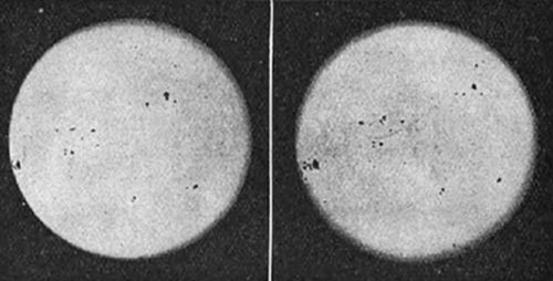 Two
photographs of the Sun showing sunspots — dark patches visible on the
solar disc — taken at different times to show their movement, as first
systematically observed by Galileo.