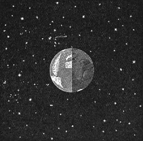 An engraving
of the Moon at half-phase against a star-filled sky, showing surface
detail — mountains and craters — as first described by Galileo in his
Sidereus Nuncius (1610).