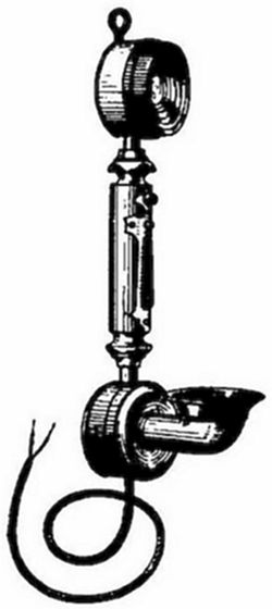 An early
wall-mounted telephone handset — a combined transmitter and receiver
on a decorative stem with a cord — a transitional design from the
late 1870s–80s bridging Bell's first instruments and the candlestick
telephone.