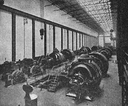 A large power
station turbine hall — a long industrial interior with rows of massive
generators or alternators on both sides under a glass roof — typical of
early 20th-century electricity generating stations.