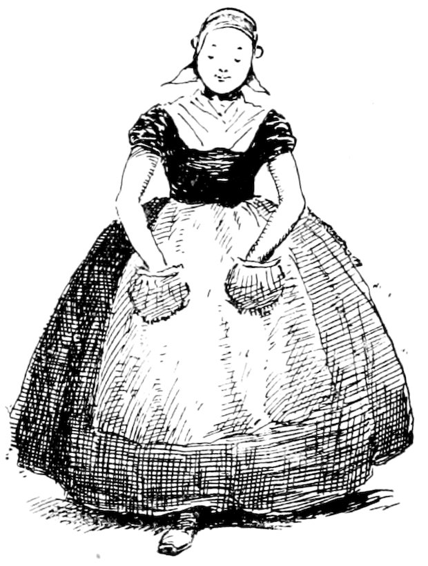 Black-and-white illustration of a young girl in traditional dress, standing with hands in her apron pockets, wearing a fitted bodice, short-sleeved blouse, and a full skirt with a patterned hem.