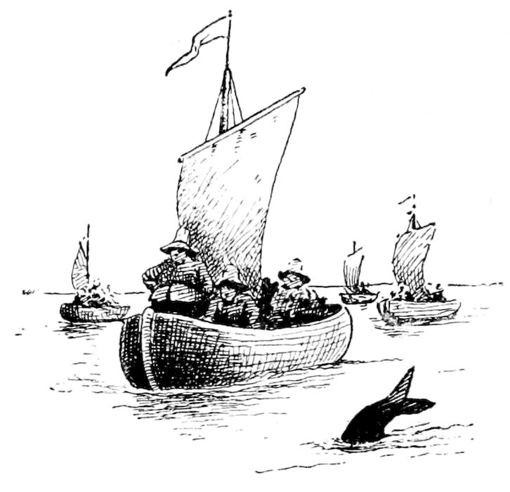 A pen-and-ink drawing of several small sailboats with passengers on a calm sea, with a large fish tail splashing in the foreground.
