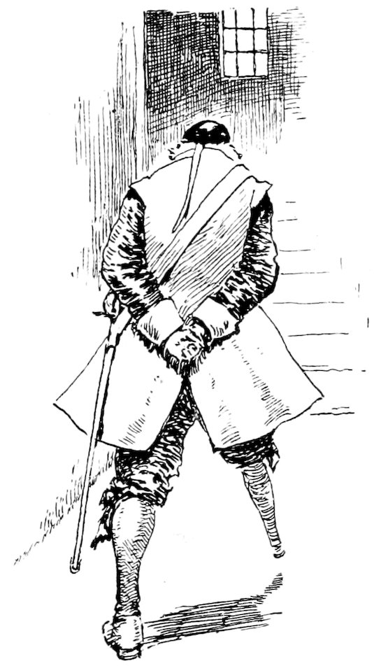 Black and white sketch of a man with a wooden peg leg seen from behind, walking with a cane and his hands clasped at his back.