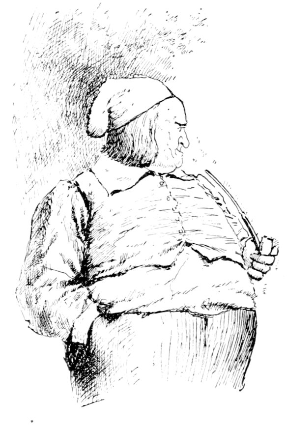A vintage pen-and-ink drawing of a stout man with a large belly, wearing a nightcap and holding a long pipe while looking over his shoulder.