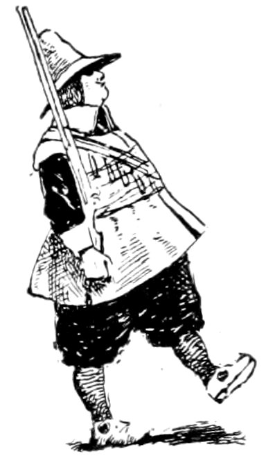 A vintage pen-and-ink drawing of a man in 17th-century attire marching with a long musket over his shoulder and a confident expression.