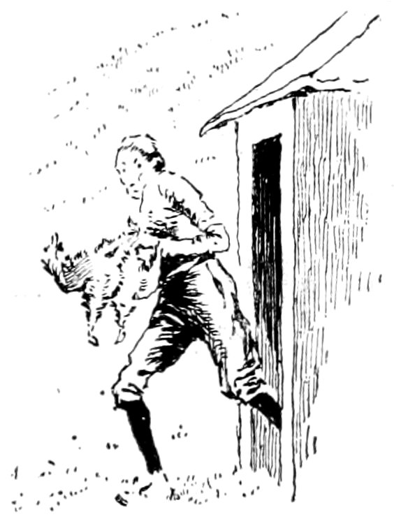 A vintage pen-and-ink drawing of a person hurriedly stepping out of a small wooden shed or outhouse while carrying a squawking chicken or small animal.