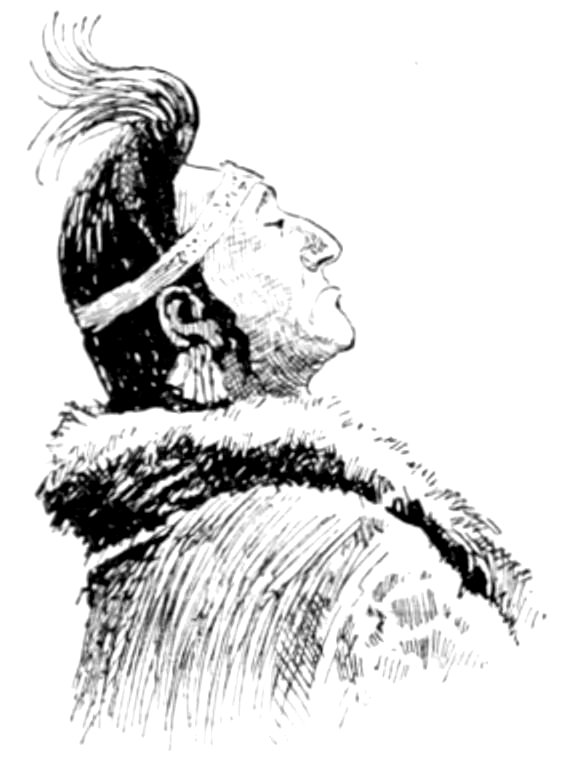 A vintage pen-and-ink drawing of an Indigenous person in profile, wearing a headband with a feather or crest, large earrings, and a fur-collared robe.