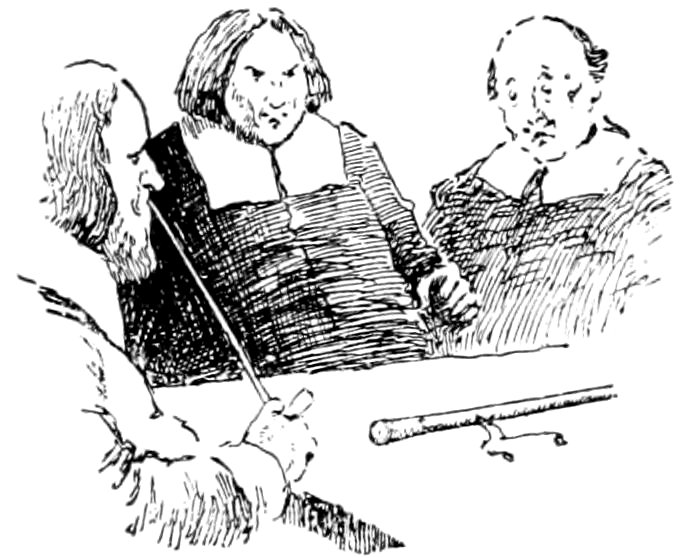 A vintage pen-and-ink drawing of three men in 17th-century attire gathered around a table; one man in the foreground smokes a long pipe while the two across from him look on with stern or concerned expressions.