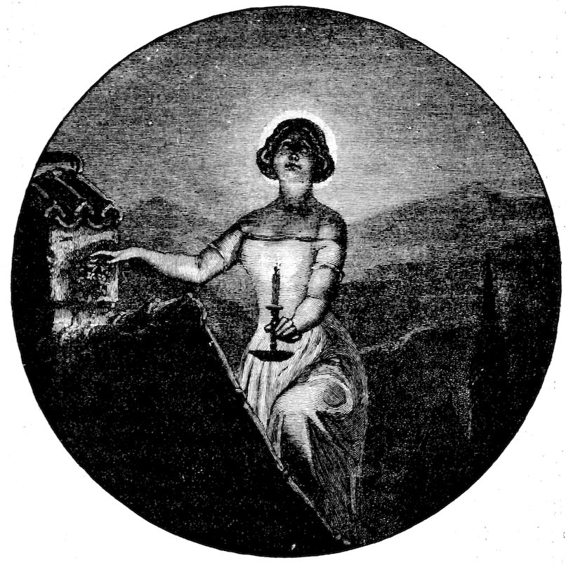 A circular engraving of a woman in a white dress holding a lit candle and reaching toward a stone structure, with hills in the background.