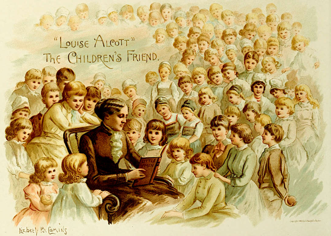 A painting of Alcott reading Little Women, surrounded
by dozens of children