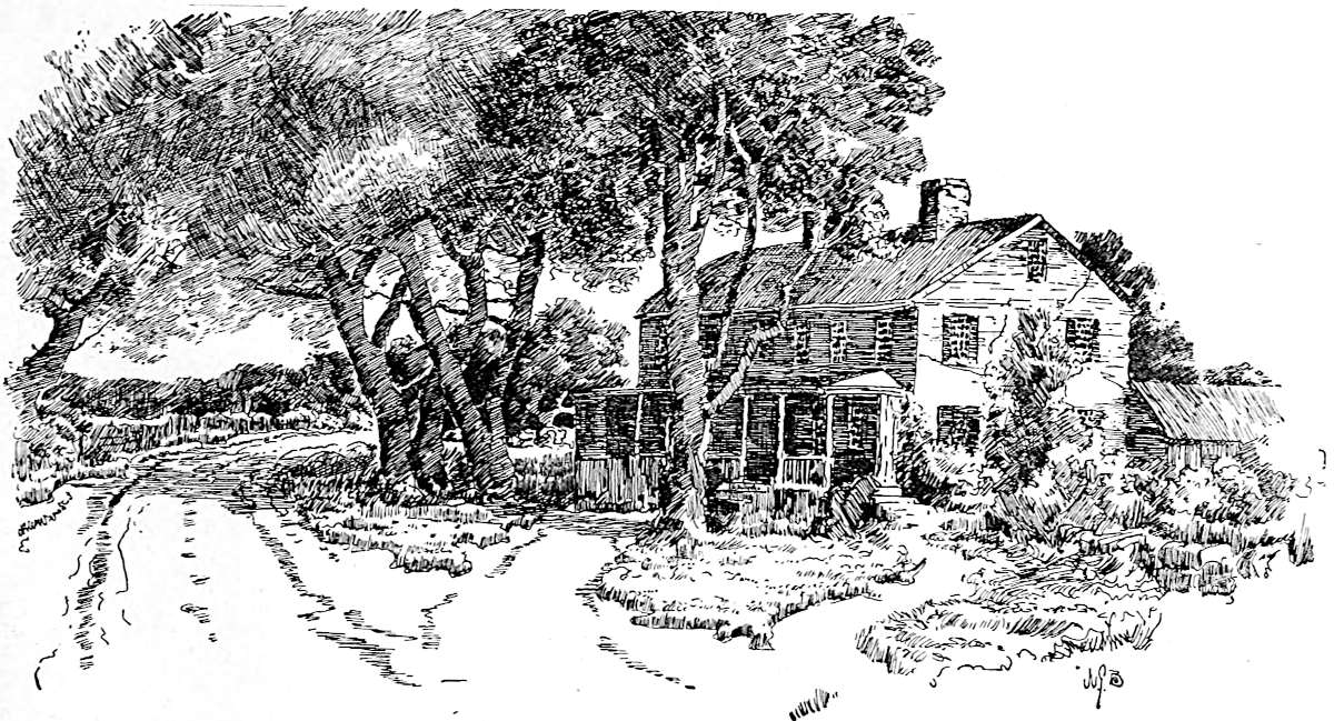 Image of a large two-story wooden house
with a porch across the front, under large trees, and beside a road
