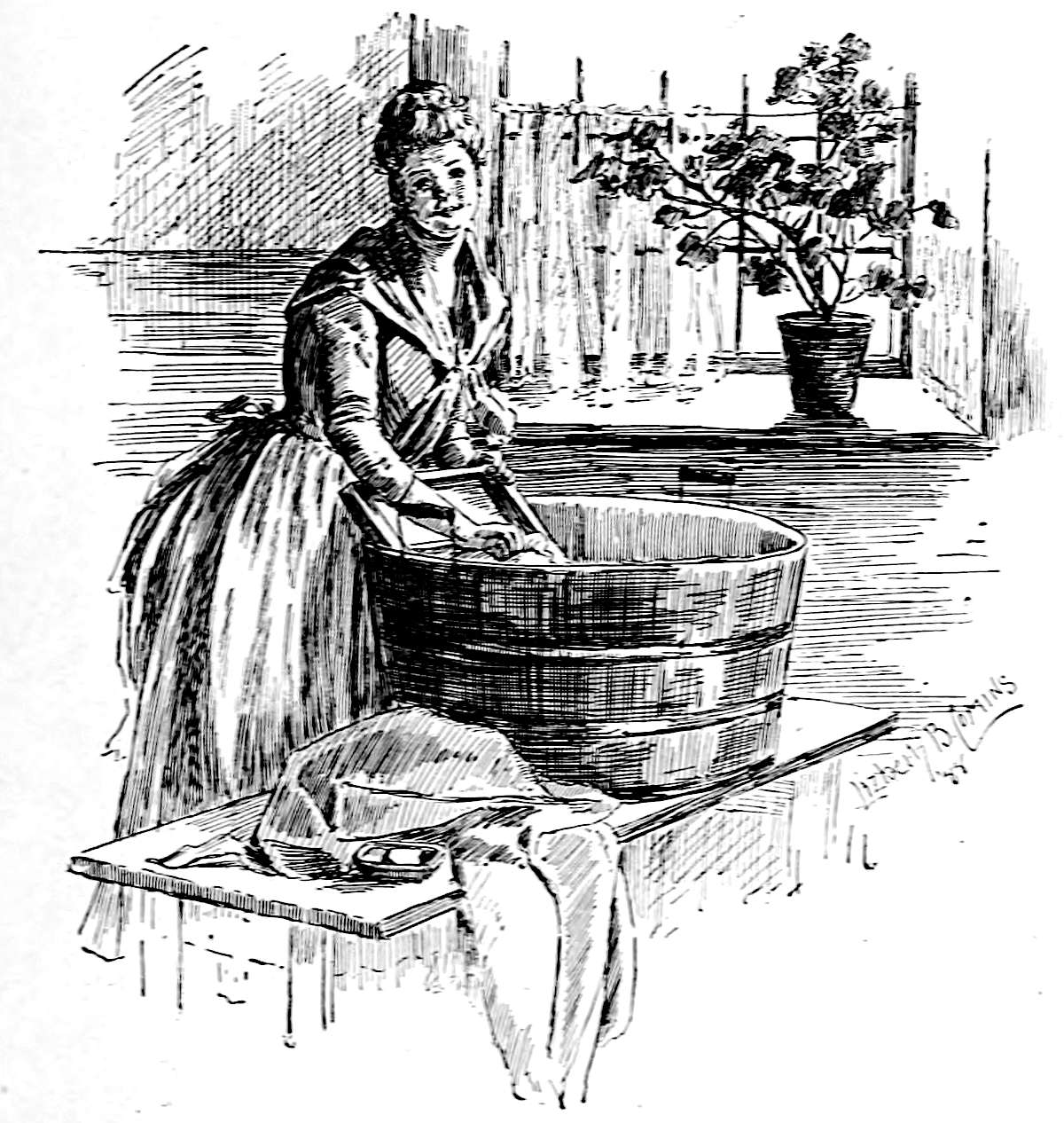 Image of a smiling young woman washing
clothes in a cheerful room, using a scrubboard