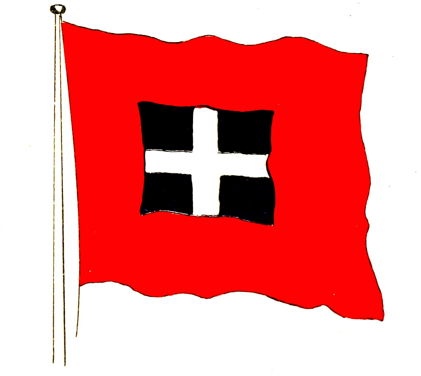 large red flag with a black square
containing a white cross