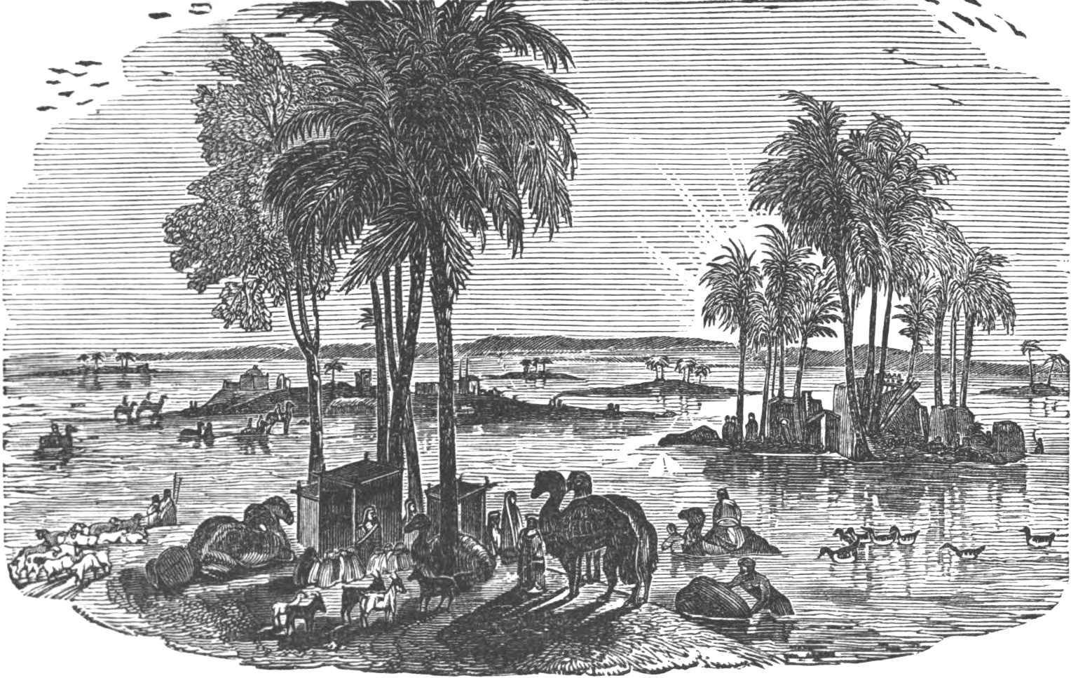 The Nile in flood, with people and livestock.
