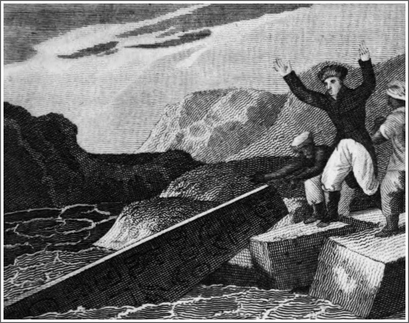 The obelisk descends into the river