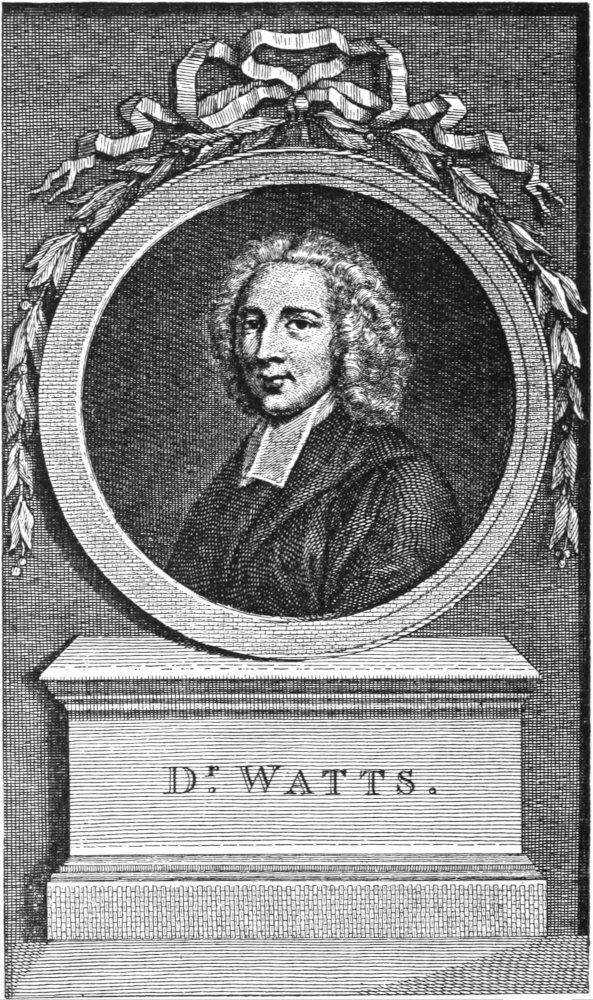 Portrait of Watts, three-quarter view, inside a circle, topped with vines and ribbons. The circle sits on a pedestal with his name on it.