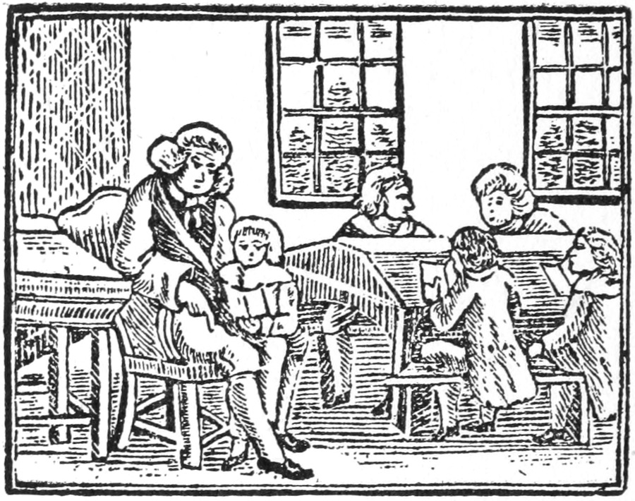 woodcut of a classroom. Four students read at a desk; a small child is on the lap of the instructor.