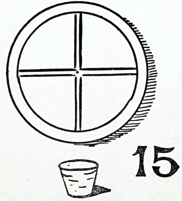 A vintage black-and-white line illustration of toy vehicle components, labeled with a bold number 15. The drawing features a circular wheel with four intersecting inner spokes forming a crosshairs pattern, detailed with fine-line shading along its right edge. Directly below the wheel is a small, tapered cylindrical piece resembling a cork or cap casting a distinct shadow.