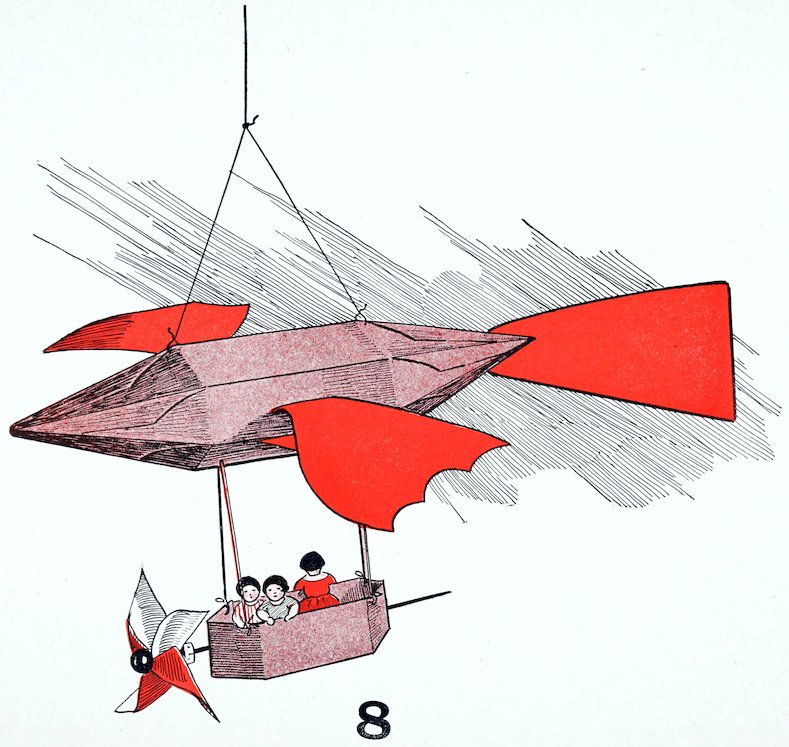 A vintage line illustration of a toy airship or dirigible craft, labeled with a bold number 8. The multi-faceted, elongated brown body of the airship is suspended from a string and features large, bright red wings and tail fins. Below it hangs a small rectangular gondola basket containing three small toy figures. A red-and-white pinwheel propeller is attached to the front of the basket, and fine-line cross-hatch shading indicates motion clouds in the background.