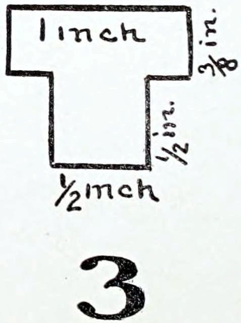 A mechanical craft template diagram for cutting out a small T-shaped toy component, labeled with a large number 3. The shape is outlined with thick black lines and contains handwritten measurement annotations, including '1 inch' across the wide top section, '⅜ in.' on the upper side edge, '½ in.' on the vertical side edge, and '½ inch' along the bottom edge.