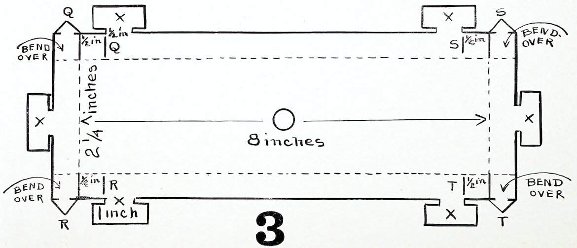 A mechanical craft template diagram for cutting and folding additional components of a toy trolley car. The diagram features three distinct flat patterns vertically arranged. The top pattern is a rectangular piece labeled 'Floor of Platform of Trolley Car' and 'Front of Platform', including horizontal dashed folding lines, an inner box marked 'Cut this out' measuring 2 inches by 1 ¼ inches, and a bottom tab labeled M. The middle pattern is a long, narrow strip labeled 'Trolley Pole' measuring 7 ¼ inches, terminating in a solid circle on the left and a hollow ring on the right. The bottom pattern is a small stepped piece labeled '1 inch Bolt' with a 1½ inches base width.