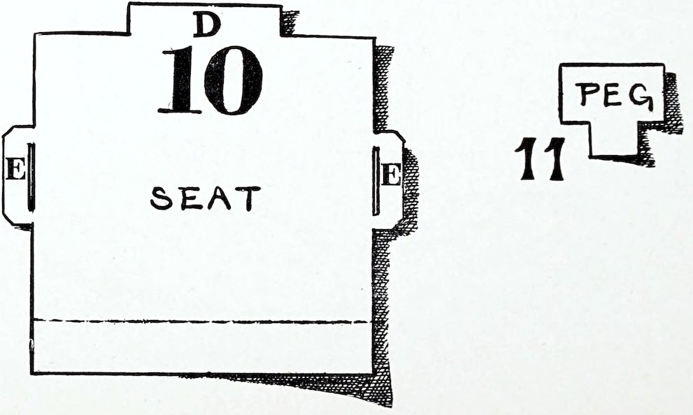 A mechanical craft template diagram for cutting and folding additional components of a toy furniture piece. The layout features two distinct flat patterns against a plain white background. On the left is a wide, blocky panel labeled 'SEAT' and indexed with a large number 10, featuring a top tab labeled D, side tabs with vertical slots labeled E, and a horizontal dashed fold line near the bottom edge. On the right is a small stepped piece labeled 'PEG' and indexed with a bold number 11.